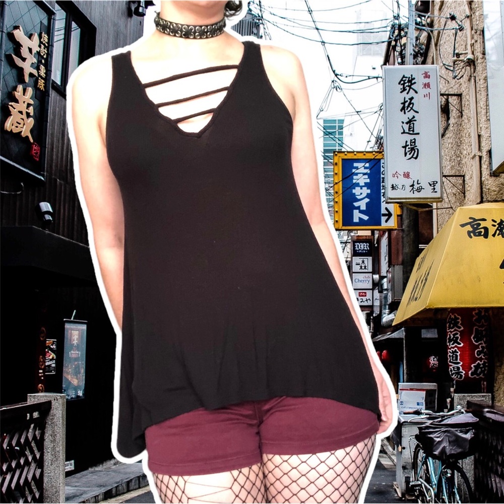 True Vintage y2k Mudd Cross-Strap Black Lounging Tank w Asymmetric Hem, Small